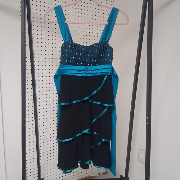 Taboo Dresses & Skirts - Vintage 90s Taboo Babydoll Teal Satin Black Dress Sm Tiered Glam‎ Partycore Y2K